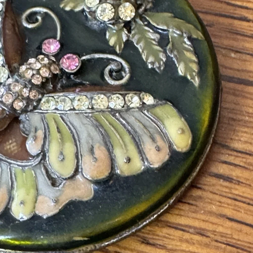 Vintage Butterfly Rhinestone Enamel Compact Mirror Green Round 3